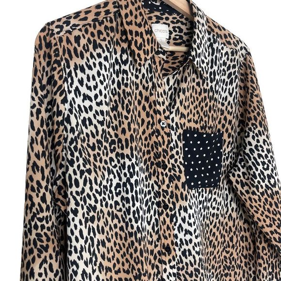 Chicos Blouse Size 2 Leopard Polkadot Button Up Down Shirt Long Sleeve Brown - Picture 2 of 7